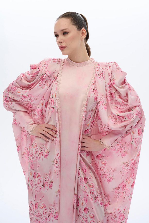 DANTEL ŞERİTLİ KAFTAN ELBİSE Pembe - 3