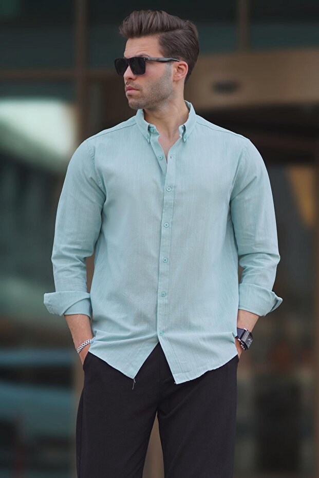 Light Blue Long Sleeve Cotton Linen Look Men's Shirt 6743