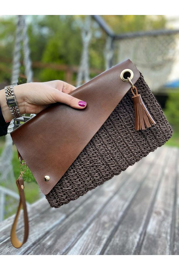 El Örgüsü Kağıt İpten Deri Kapak Detaylı Clutch Portföy El Çantası - 1