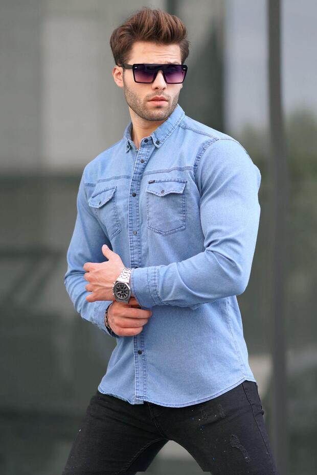 Ice Blue Comfortable Fit Gabardine Men's Shirt 6810