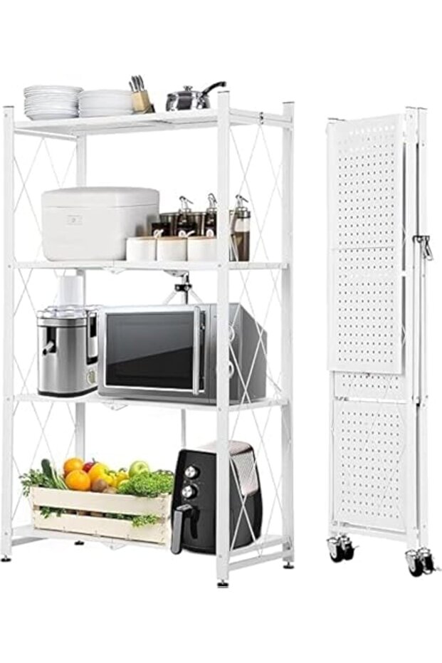 رفوف تخزين قابلة للطي مع عجلات، 4 طبقات، أبيض - 2