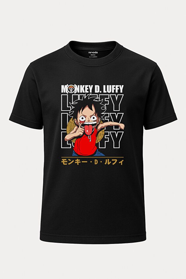 D Luffy One Piece Printed Loose Fit Crew Neck Unisex T-Shirt Anime Manga Black