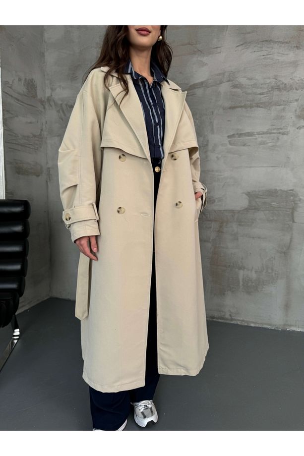 Taş Oversize Dört Düğmeli Trençkot - 4