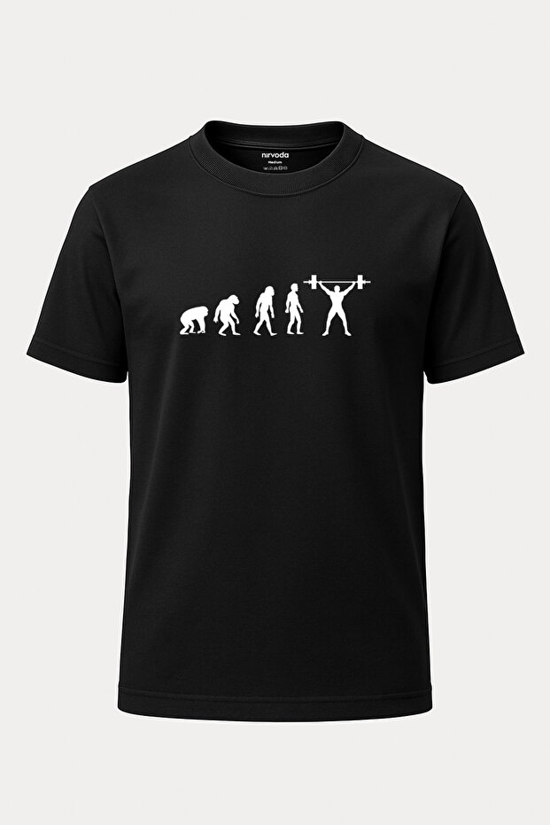 Fitness Bodybuilder Evolution Printed Loose Fit Crew Neck Unisex T-Shirt Black