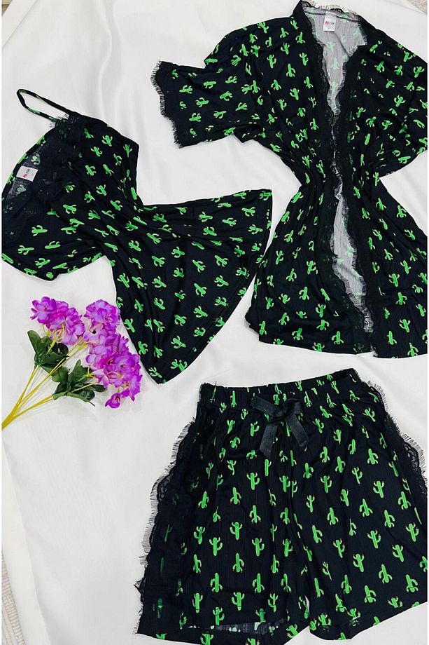 Kaktüs Desenli Şortlu Pijama Takımı - 1