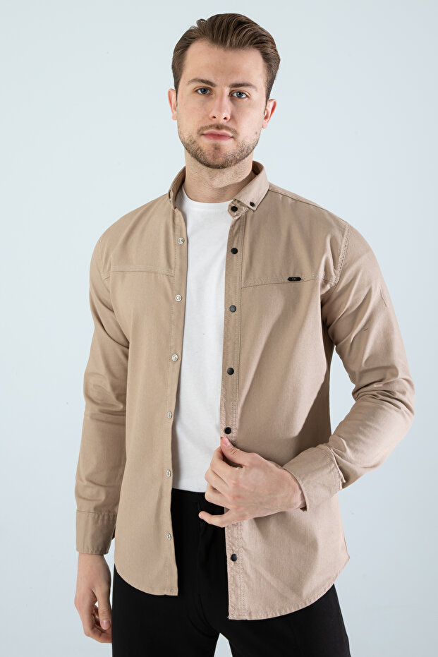 Men's Beige Slim Fit Narrow-Cut Pocketless Denim Shirt