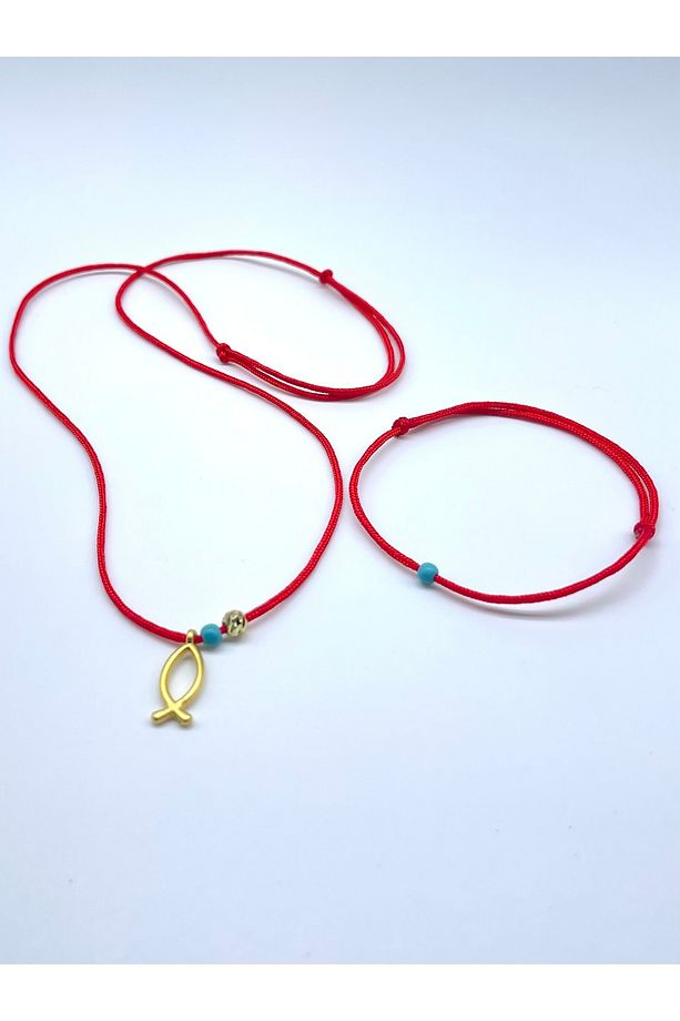 Kırmızı Minimal Gold Balık Figürlü Kolye Ve Bileklik Seti - 2