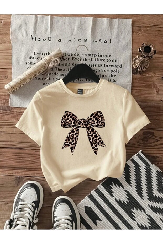 Beige Leopard Bow Printed Oversize T-Shirt