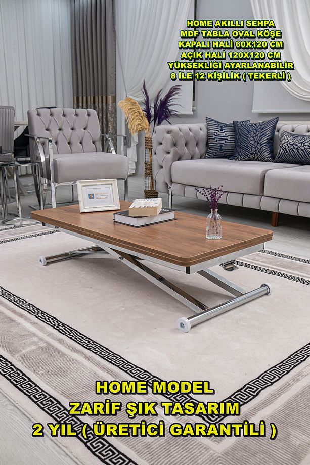 Akıllı Sehpa Home Üst Tabla Mdf Ceviz Oval Köşe Alt Mekanizma Krom Kaplama - 1