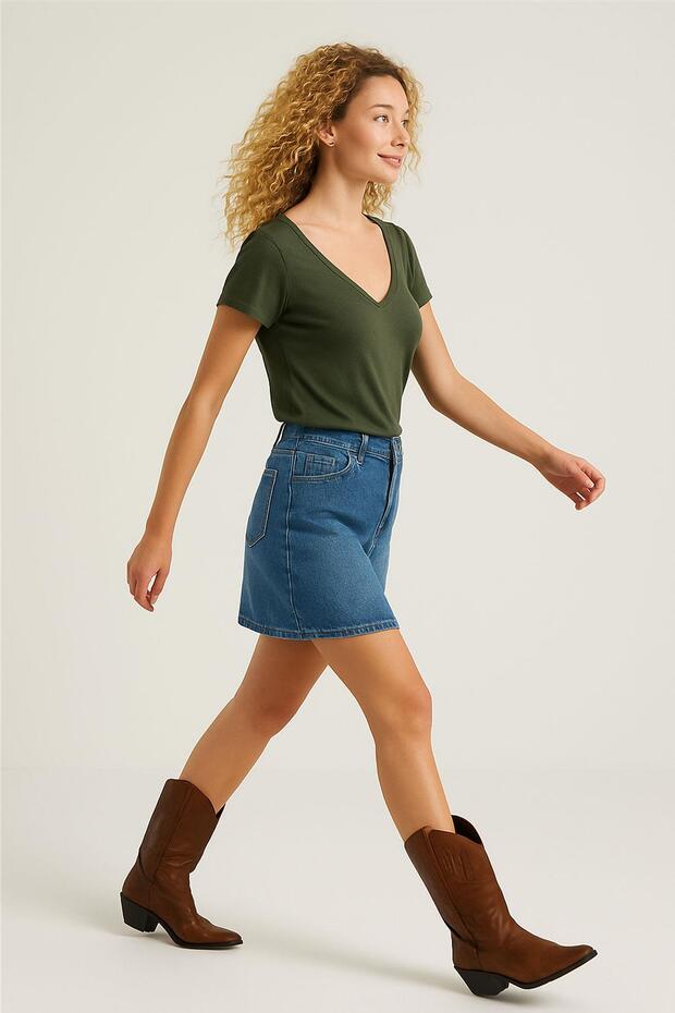 Ön ve Arka V Yaka Basic Pamuklu Tişört - 9