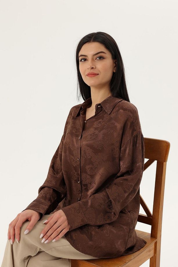 Z1995 3982 Jakarlı Saten Gömlek - Kahve - 2