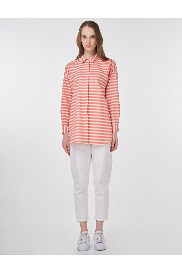 Çizgi Desen Pamuklu Basic Tunik Nar Çiçeği - 3