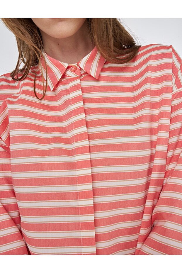 Çizgi Desen Pamuklu Basic Tunik Nar Çiçeği - 7