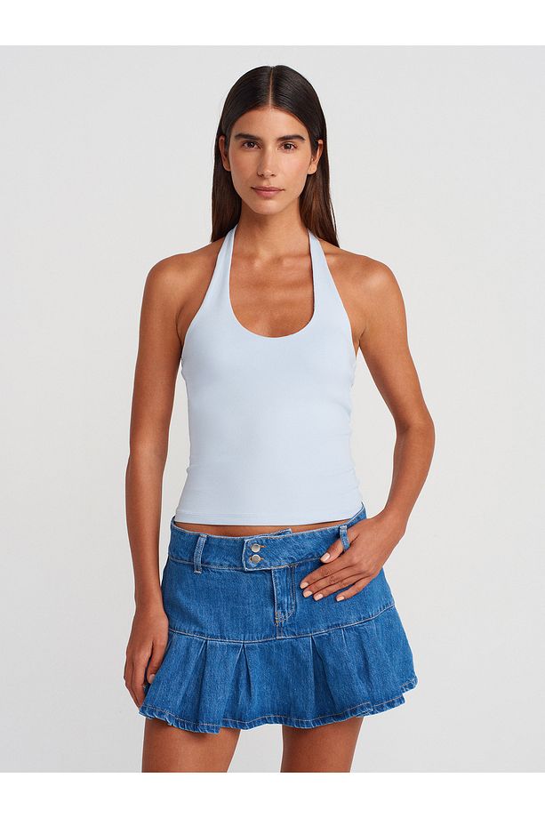 71979 Pileli Denim Şort Etek-Mavi - 4