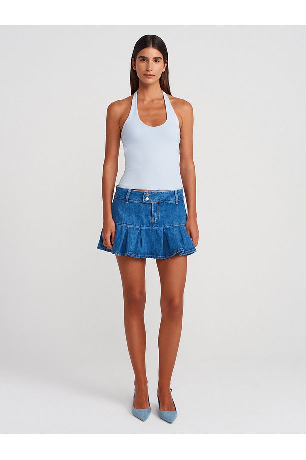 71979 Pileli Denim Şort Etek-Mavi - 1