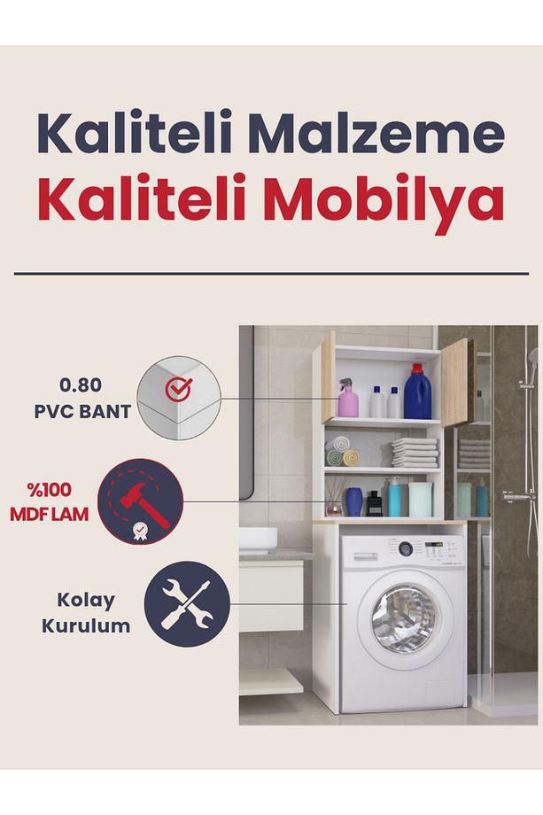 %100MDF Çamaşır ve Kurutma Makinesi Dolabı, 3 Raflı Kapaklı Çamaşır Makinesi Üstü Dolabı - 5