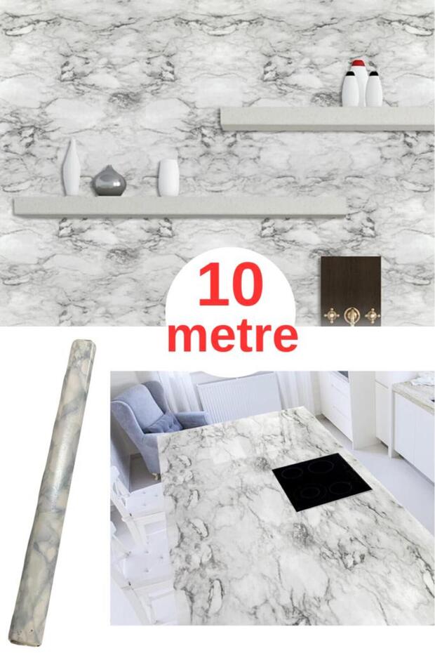67cm x 10 Metre 1 Adet Yapışkanlı Rulo Mermer Desenli Görünümlü Mutfak Duvar Kaplama Folyosu Kağıdı - 1