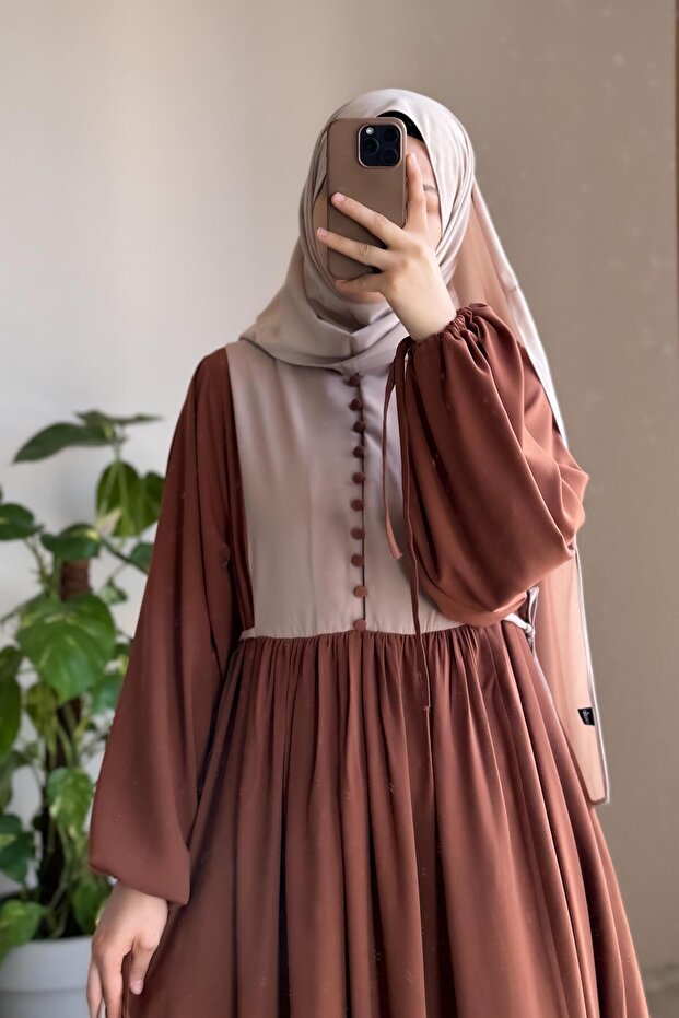 Düğmeli Garni Elbise - Taba/ Bej - 2