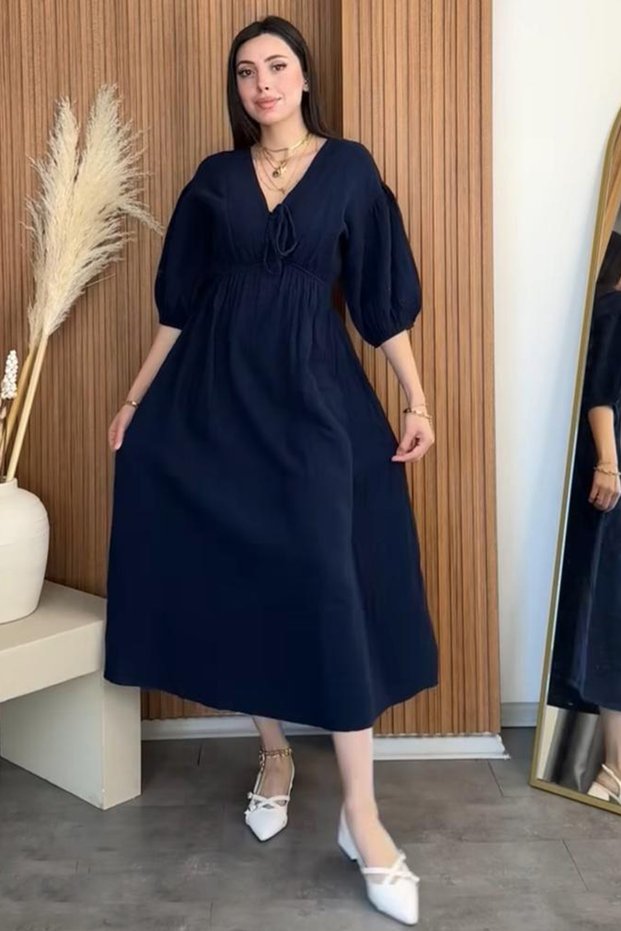 Women's V-Neck Navy Blue Muslin Fabric Short Sleeve Dress