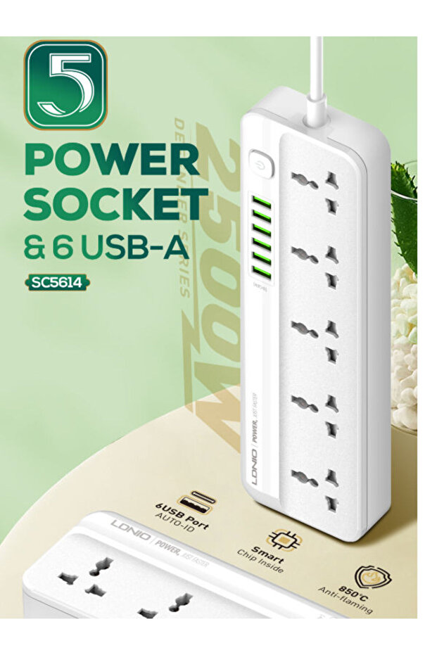 Power Strip Extension Cord 5 Sockets 6 Usb Ports 2m Cable 2500w With Qc3.0 Fast Charging