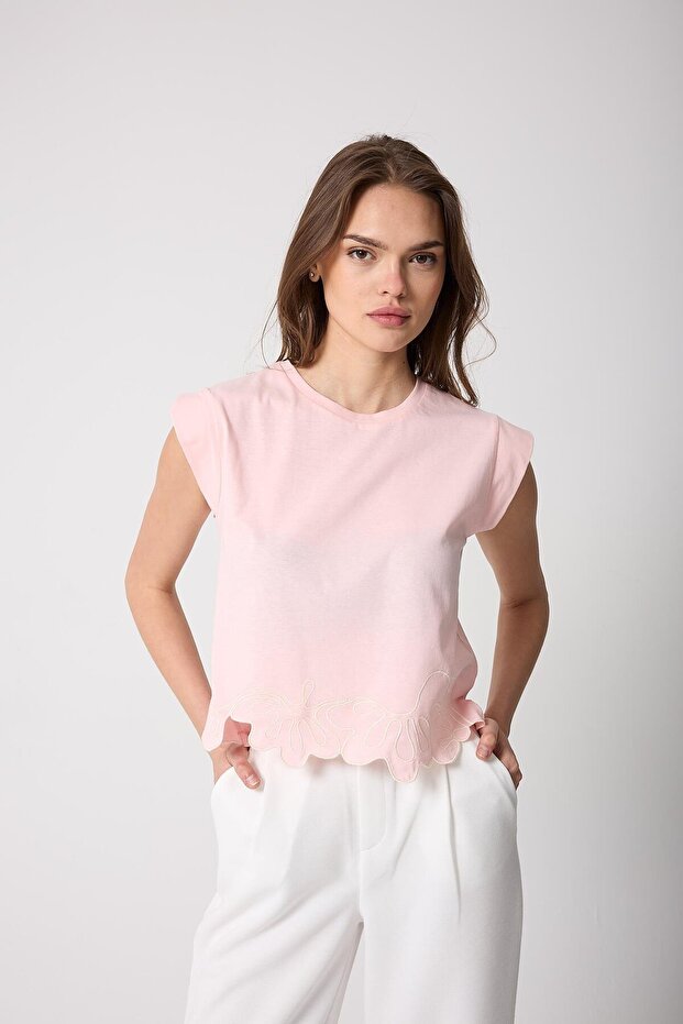 Women's Dusty Pink Padding Look Laser Cut Embroidery Detailed Design T-Shirt - 2518