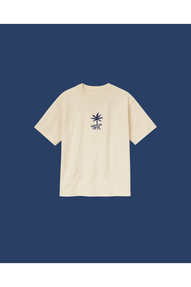 Beige Color Cheetah and Palm Printed Oversize Unisex T-Shirt T-Shirt