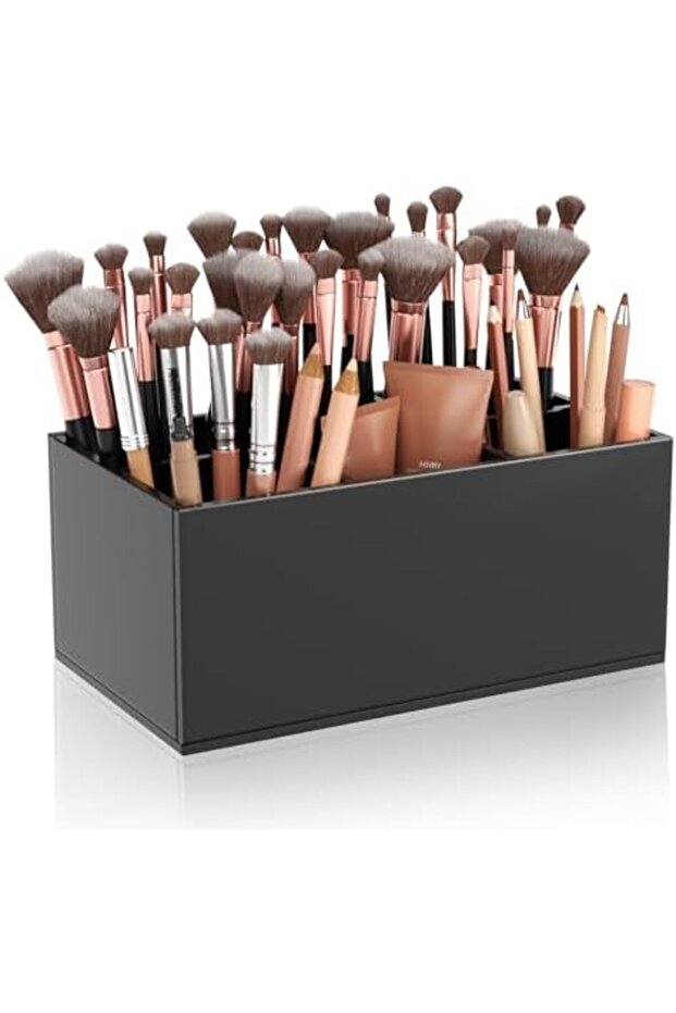 Black Acrylic Makeup Brush Holder – 6 Slots Cosmetic Brushes Organizer For Vanity And Storage