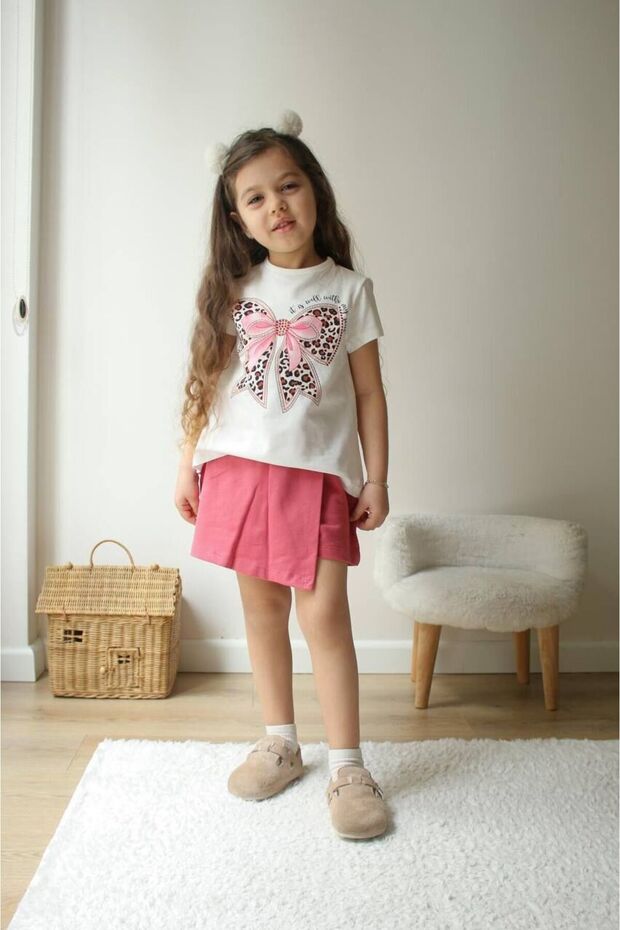 Bow Printed Stone Embroidered Shorts Skirt Girls' Set