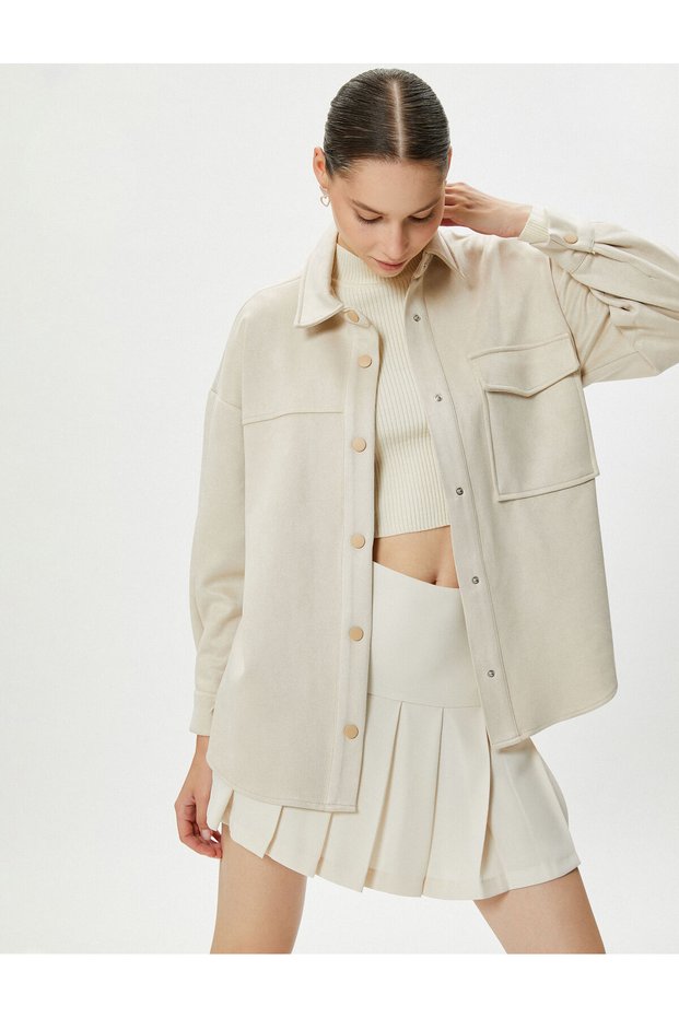 Oversize Shirt Suede Look Flap Pocket Buttoned