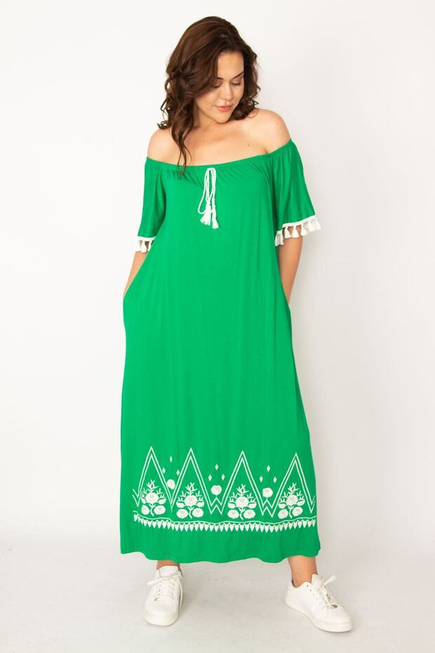 Women's Large Size Green Karmen Collar Long Dress with Embroidery and Tassel Detail 65n33437 - 5