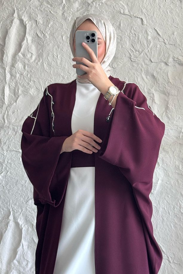 Sarmaşık Desen Taşlı Elbiseli Abaya Mürdüm - 1
