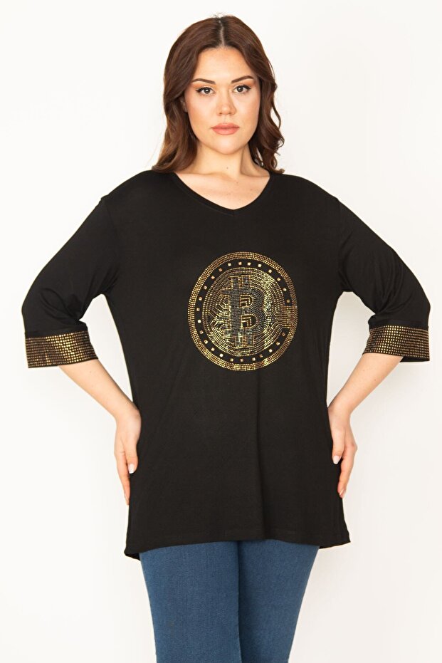 Women's Large Size Black Stone Detailed Tunic 65n32428