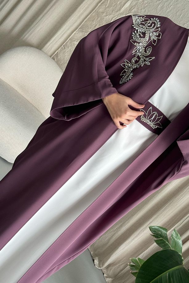 Yakası Taşlı Yarasa Kol Elbiseli Abaya Gül Kurusu - 3