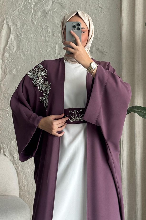 Yakası Taşlı Yarasa Kol Elbiseli Abaya Gül Kurusu - 2