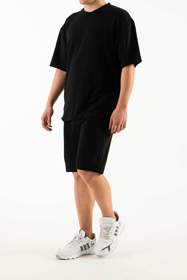 Men's Black 2-Piece Set Pocket Printed Oversize Comfort Relaxed Fit T-Shirt Shorts Set