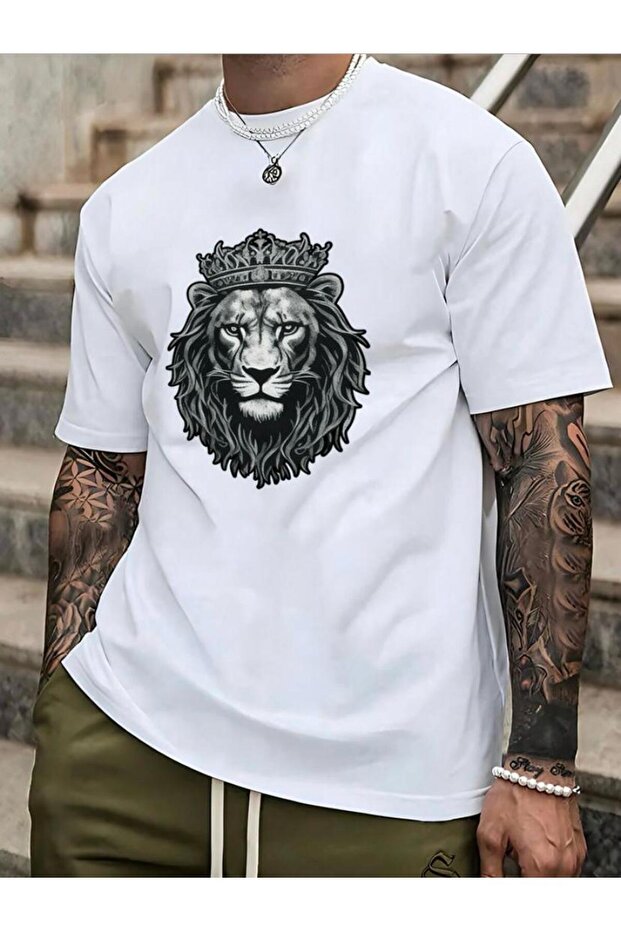 Lion Graphic T-Shirt - White Printed Oversize Crew Neck Short Sleeve Loose