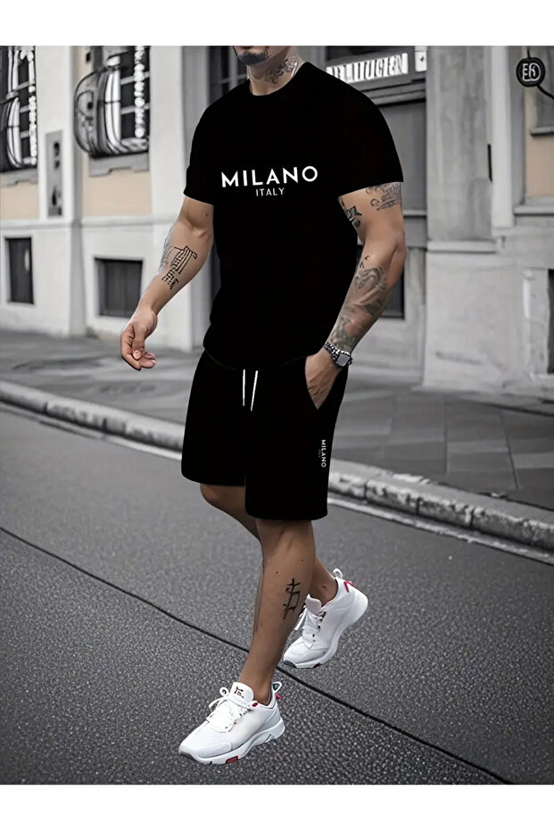 Milano Italy T-Shirt Combed Cotton Shorts - Black Shorts T-Shirt Team Printed Oversize Crew Neck