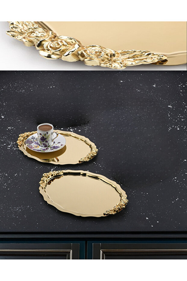 2 Pieces Gold Oval Model Coffee-Tea Presentation Tray with Rose Motif 25 cm X 20 cm