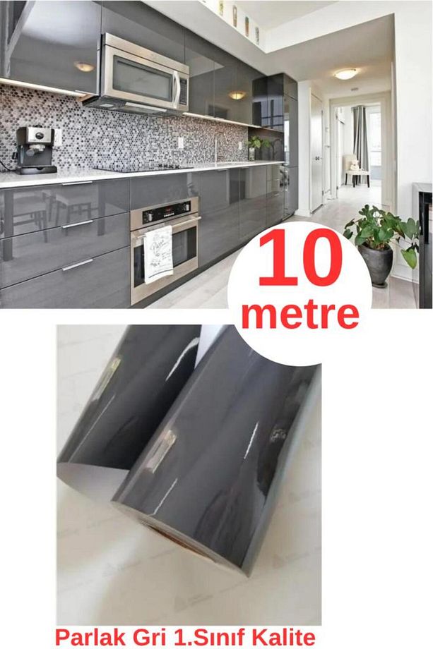 61cm x 10 Metre 1 Adet Kendinden Yapışkanlı Folyo Parlak Gri Mutfak Duvar Kaplama Folyosu Kağıdı - 1