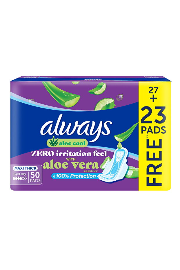Aloe Cool Aloe Vera Long Maxi Thick Pads with Wings – 50 pcs, Zero Irritation