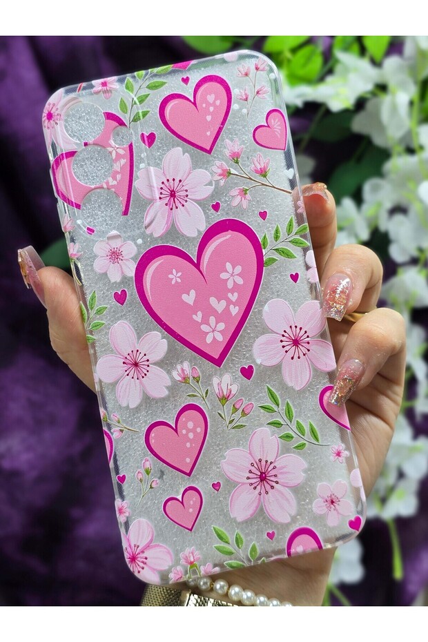 Heart and Flower Patterned Transparent Phone Case Compatible with Samsung Galaxy A54