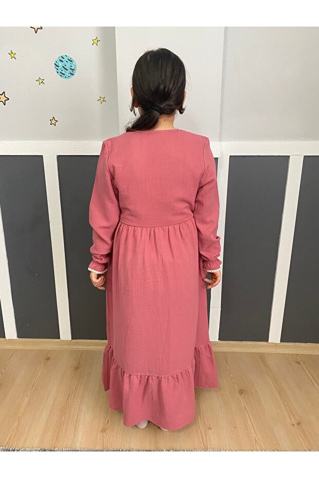 Gül Kurusu Müslin Kumaş Elbise - 3
