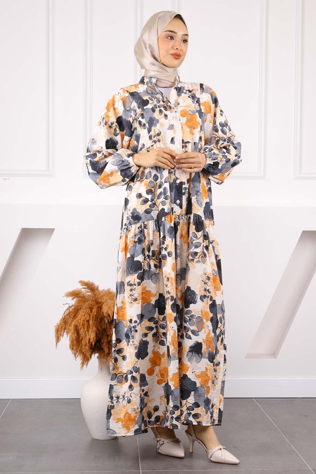 فستان منقوش بنصف زر - 2