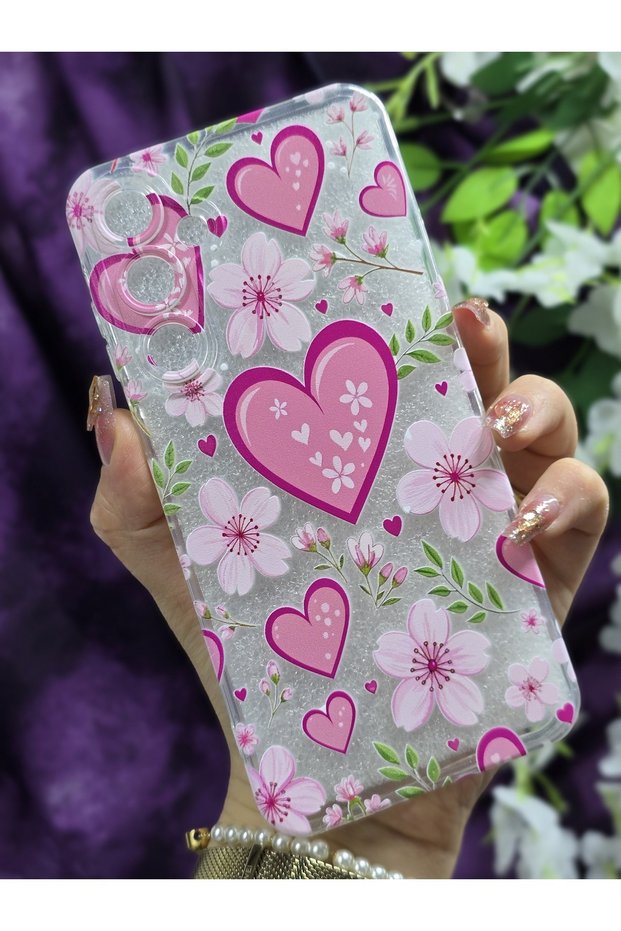 Heart and Flower Pattern Transparent Phone Case Compatible with Samsung Galaxy S24 Fe