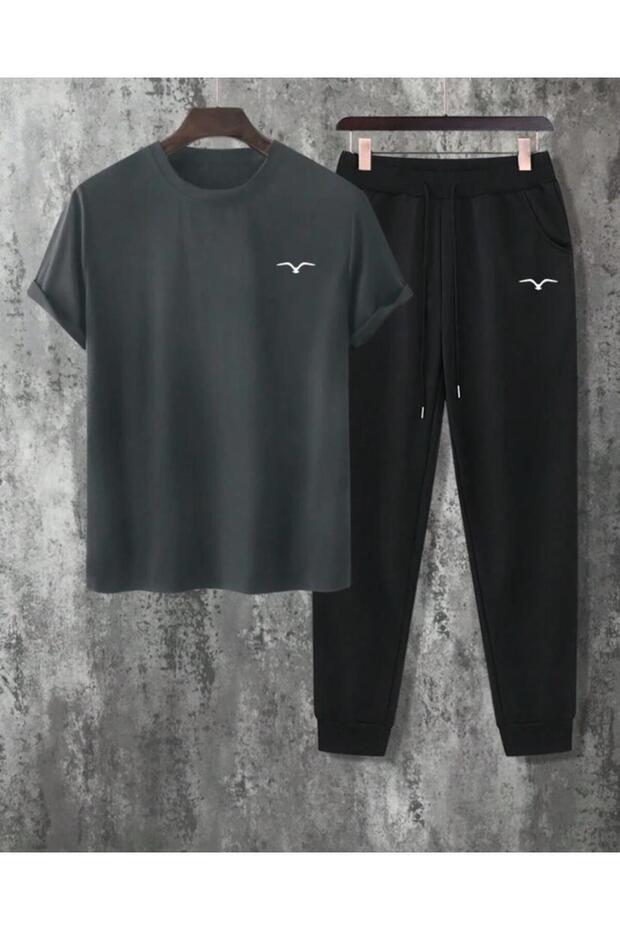 Bird Logo T-Shirt Sweatpants Jogger - Smoked Black Printed Combed Cotton T-Shirt Sweatpants Set Combination
