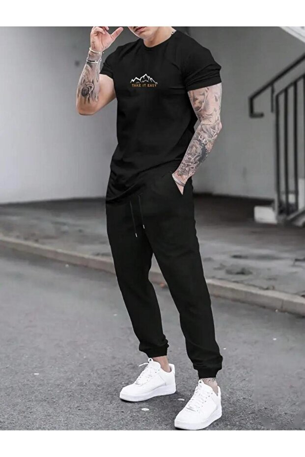 تي شيرت Take It Easy Sweatpants Jogger - تي شيرت من القطن الممشط مطبوع باللون الأسود