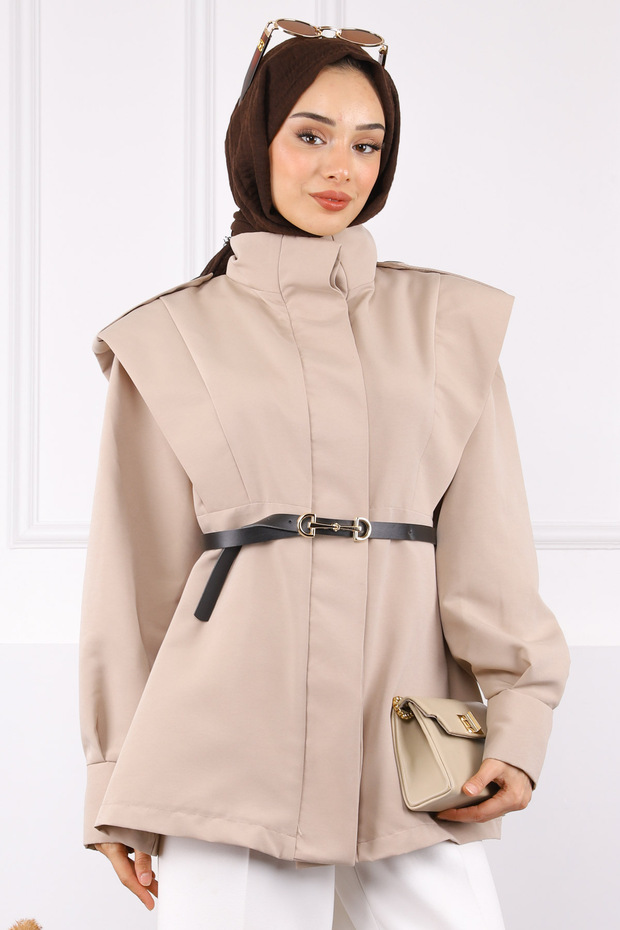 Beige Shoulder Epaulette Belted Trench Coat