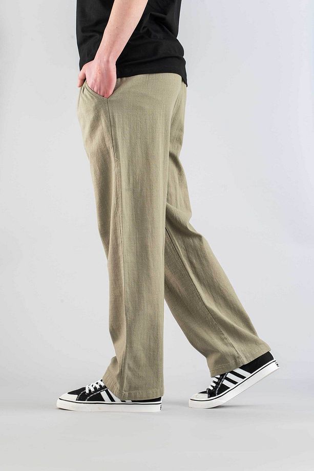 Erkek Pantolon Beli Lastikli Keten Rahat Esnek Likralı Basic Pamuklu Jogger Haki - 3