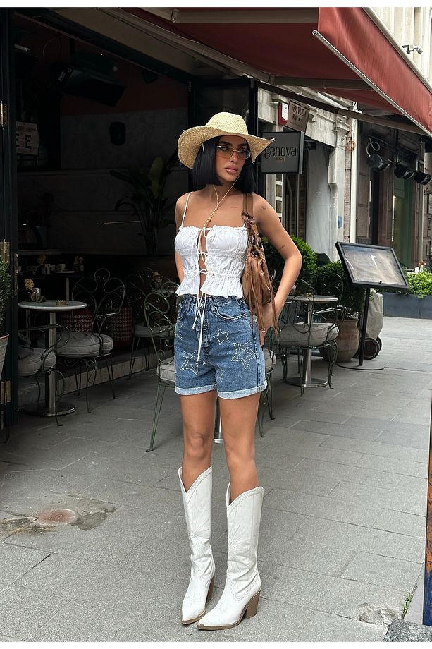 Kadın Mavi Yıldız Taşlı Yüksek Bel Mini Şort - 2