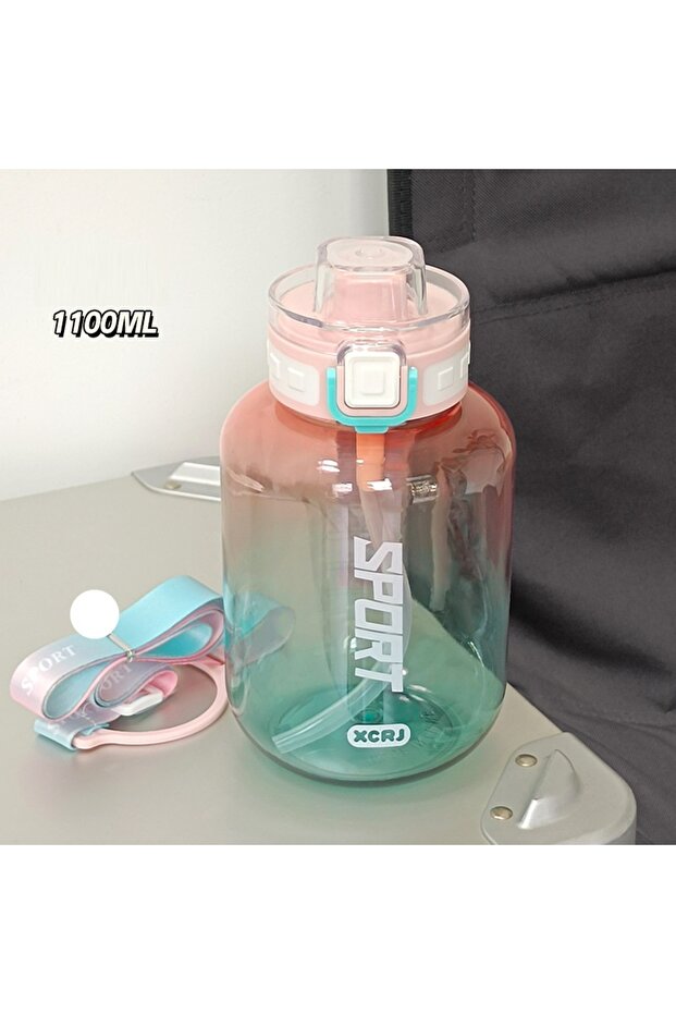 Sport Water Bottle 1100 Ml, with Strap and Straw, Pink, 20X11
